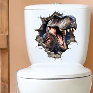 Realistic 3D dinosaur wall sticker breaking through a white bathroom toilet tank