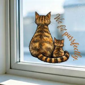 Adorable watercolor tabby cat window stickers with We fit purrfectly text for home decor