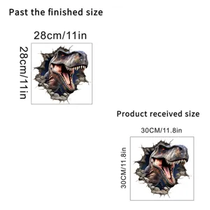 Size chart for 3D visual wall-breaking dinosaur sticker with dimensions in cm and inches