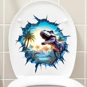 Close-up of 3D dinosaur toilet sticker with tropical landscape and T-Rex detail