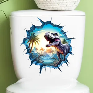 Close-up detail of a 3D T-Rex dinosaur breaking through sticker on a toilet tank