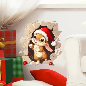 Detailed 3D Christmas bunny wall sticker showing a cute rabbit emerging from a broken wall