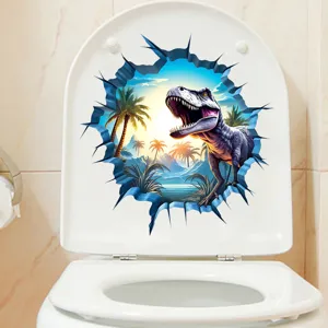 3D visual broken wall dinosaur toilet sticker featuring a realistic T-Rex in tropical jungle
