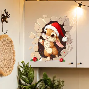 Cute 3D Christmas bunny wall sticker with cracked wall effect applied on home cabinet