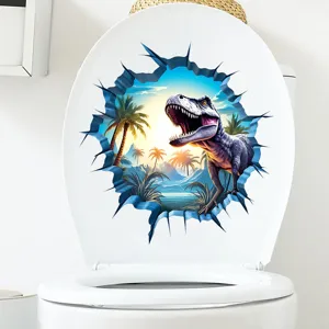 Close-up view of 3D dinosaur sticker applied to a toilet lid in a clean bathroom