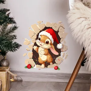 Detail view of 3D Christmas rabbit wall sticker with realistic broken wall effect.