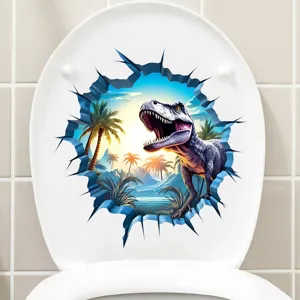 Realistic 3D T-Rex dinosaur toilet sticker with tropical sunset scene on white toilet lid