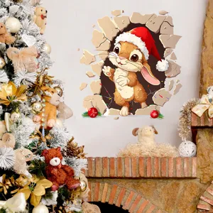 Detailed view of a 3D Christmas rabbit wall sticker applied above a festive fireplace