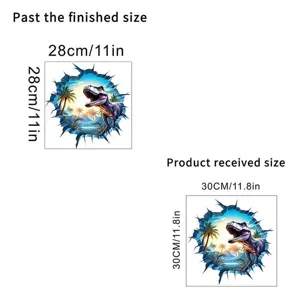 Comparison detail of the 30cm received size and 28cm finished size for 3D dinosaur sticker