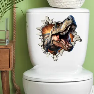 Close-up of a 3D visual dinosaur sticker applied to a white toilet in a bathroom
