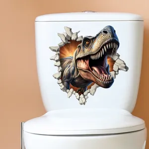 3D T-Rex wall sticker showing realistic cracked wall effect on a toilet tank