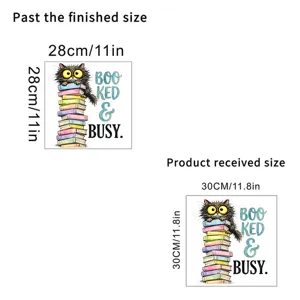Cat theme glass window sticker size guide showing 30cm received and 28cm finished size