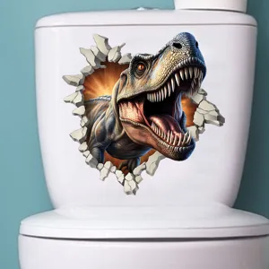 3D visual wall-breaking dinosaur sticker applied on a white bathroom toilet
