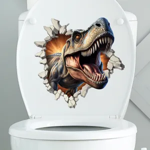 3D realistic dinosaur toilet lid sticker showing a T-Rex bursting through a wall