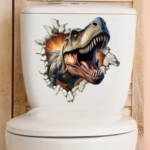 Detailed view of 3D realistic T-Rex sticker applied on a white toilet tank