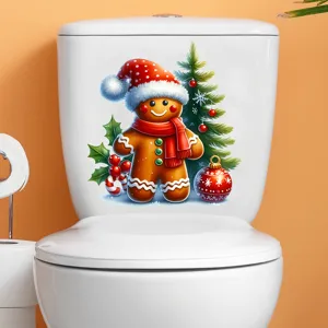 Autocollant bonhomme en pain d'épice de Noël étanche sur un réservoir de toilette blanc