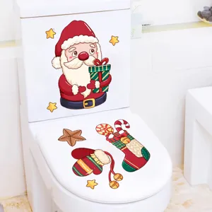 Festive Christmas toilet seat stickers featuring Santa Claus, stockings, and mittens decor.