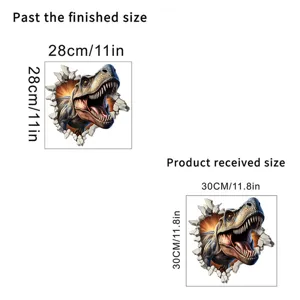 Detailed 3D dinosaur wall sticker showing finished size and product received dimensions