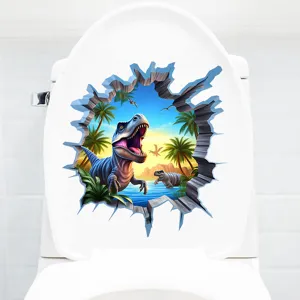 Vivid 3D dinosaur wall sticker applied to white toilet lid with a broken wall effect