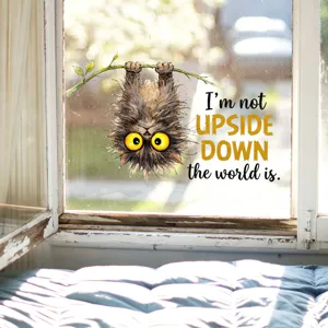 Funny upside-down fluffy cartoon cat window sticker decal with humor text design