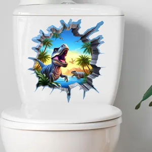 Vibrant 3D dinosaur toilet sticker featuring a T-Rex and cracked wall landscape