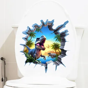 Detailed view of a 3D dinosaur sticker applied to a white toilet lid