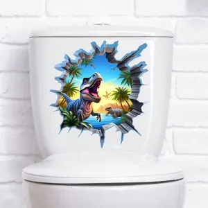 3D dinosaur broken wall effect toilet sticker featuring prehistoric tropical landscape