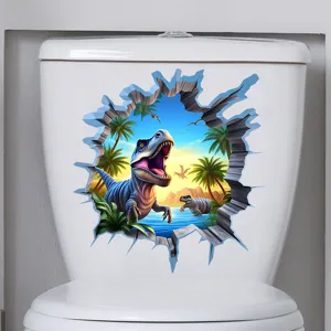 Detail view of 3D visual dinosaur wall sticker with prehistoric landscape on toilet
