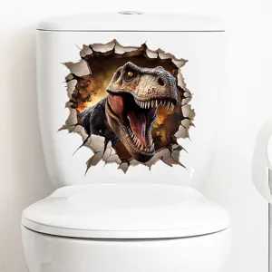 Detailed view of a 3D dinosaur wall-breaking sticker applied on a toilet lid.