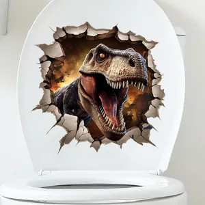 Detail of 3D dinosaur toilet sticker showing realistic T-Rex bursting through wall