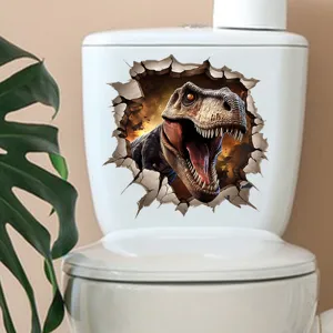 Detailed view of realistic 3D wall-breaking T-Rex dinosaur sticker on bathroom toilet.