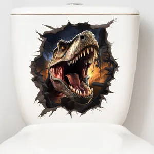 3D dinosaur toilet sticker with realistic T-Rex head breaking through the wall