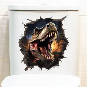 Realistic 3D dinosaur breaking through wall sticker for bathroom toilet decoration