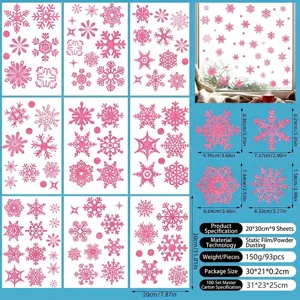 Autocollants de fenêtre flocon de neige rose pailleté pour décoration de Noël lot de 9