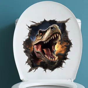 Realistic 3D dinosaur wall sticker applied on a white toilet lid with a crack effect.