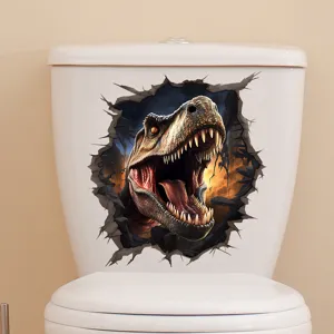 Close-up detail of a 3D broken wall dinosaur sticker on a white porcelain toilet tank