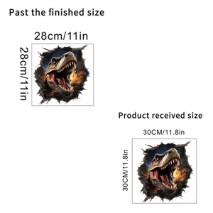 Detailed size specification for 3D T-Rex wall sticker showing finished dimensions