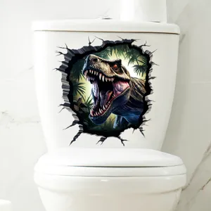 Close-up of 3D T-Rex dinosaur toilet sticker with broken wall effect on white tank