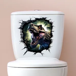 Realistic 3D T-Rex head bursting through wall toilet sticker decoration for bathroom