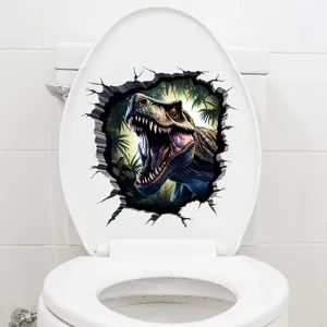 Realistic 3D dinosaur broken wall sticker detail shown on a white bathroom toilet lid