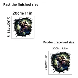 3D visual broken wall dinosaur sticker showing product size 30x30cm and finished size.