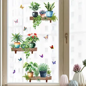 Detail showing green plant and butterfly static stickers applied to a glass window.
