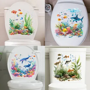 Ocean Life Waterproof Toilet Sticker PVC Removable Dolphin Shark Coral Seaweed Bathroom Decor Wall Art Home Decal