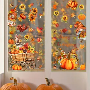 Autocollants de fenêtre de Thanksgiving avec gnomes et citrouilles pour la déco