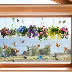 Decorative floral hanging basket and hummingbird static window film stickers on glass pane
