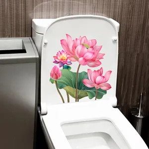 Detail of high-quality waterproof pink lotus flower sticker applied on a white toilet lid