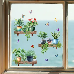 Close-up view of realistic green potted plant and butterfly static window stickers on glass