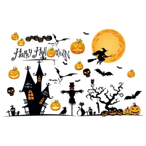 Αυτοκόλλητα τοίχου Halloween με κολοκύθα και μάγισσα για γιορτινή διακόσμηση παραθύρων