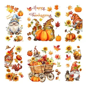 Autocollants de fenêtre pour Thanksgiving avec gnomes citrouilles et feuilles d'érable
