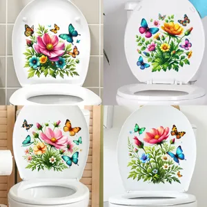 Floral Butterfly Toilet Lid Sticker Waterproof Self Adhesive Bathroom Wall Decal Colorful Flower Garden Home Decor Art